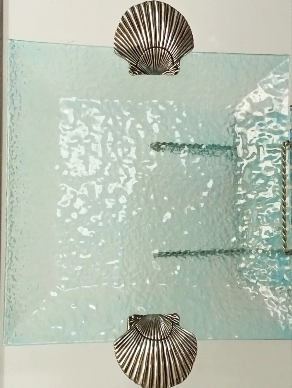 Like New Aqua Tempered Square Glass Serving/Display Tray w/ Silver Shell Handles
